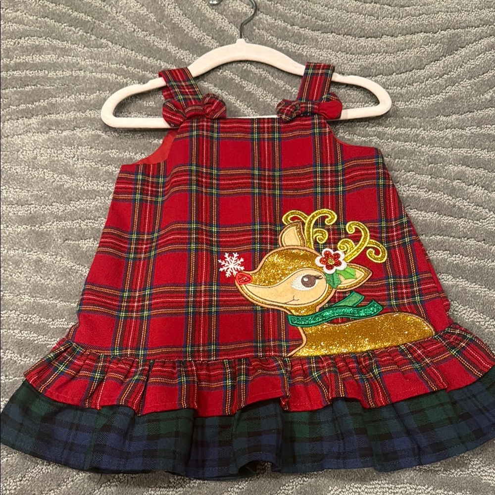 Red Plaid Dress with Reindeer Design